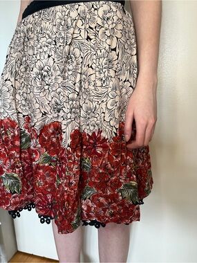 Boho Floral Border Red and Cream A-Line Skirt edme & esyllte